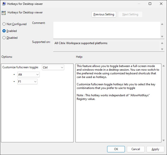 Screenshot of group policy settings for Hotkeys for Desktop viewer