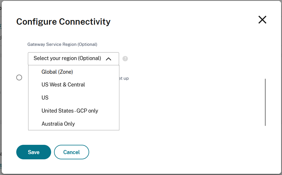 Screenshot of Configure connectivity window with region drop down