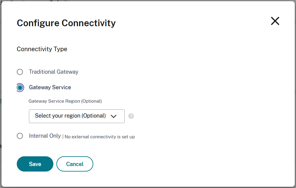 Screenshot of Configure connectivity window with gateway service selected