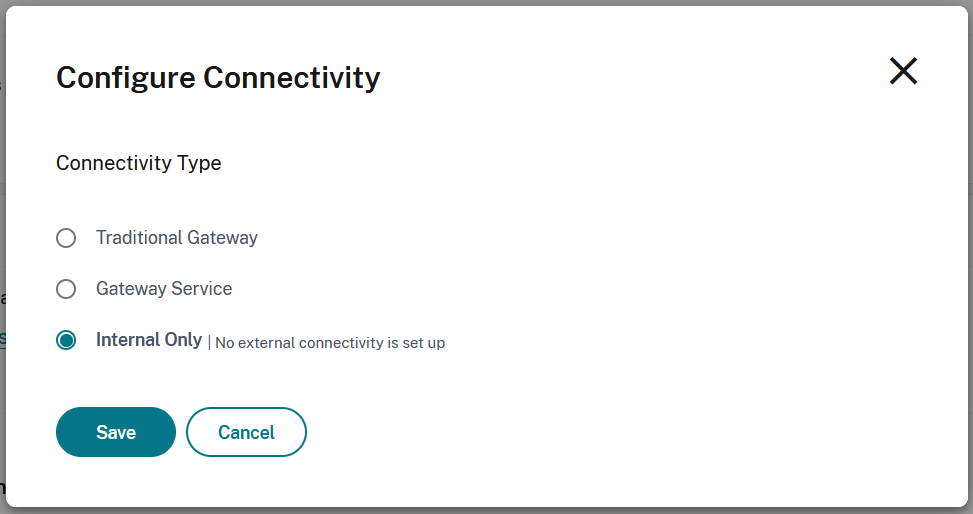 Screenshot of Configure connectivity window with internal selected