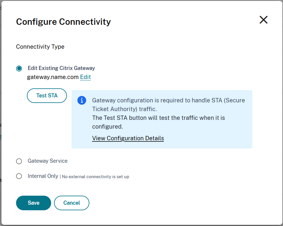 Screenshot of Configure connectivity window with traditional gateway options