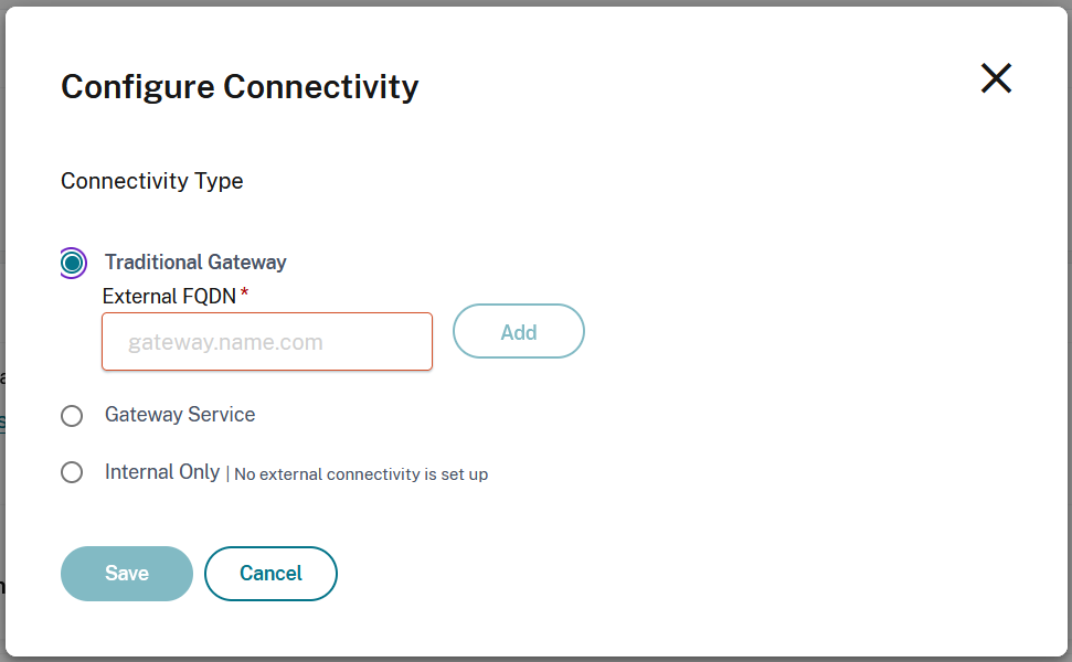 Screenshot of Configure connectivity window with traditional gateway selected