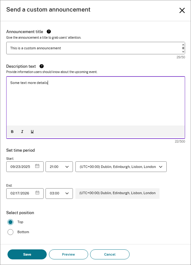 Screenshot of blad to create a custom announcements