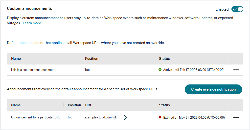 Screenshot of custom announcements configuration