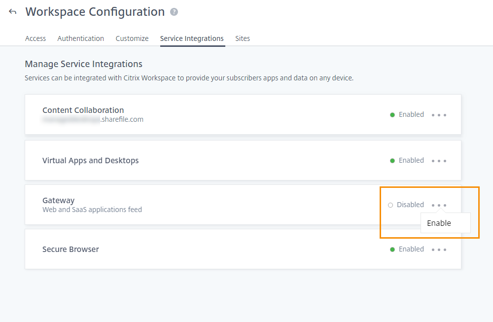 Page de la console Intégrations de services