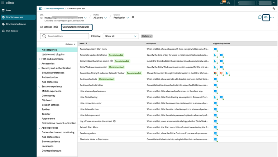 view configured settings