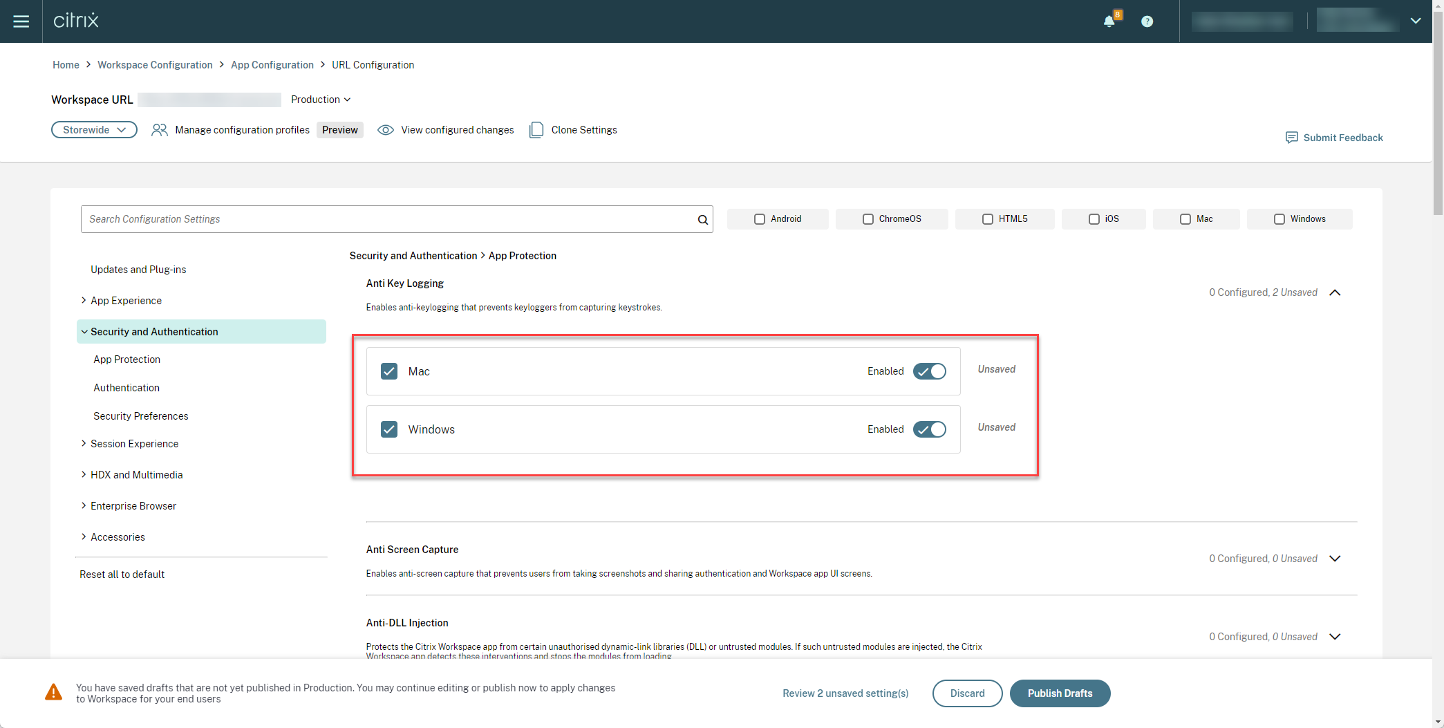 Client app management applicable settings
