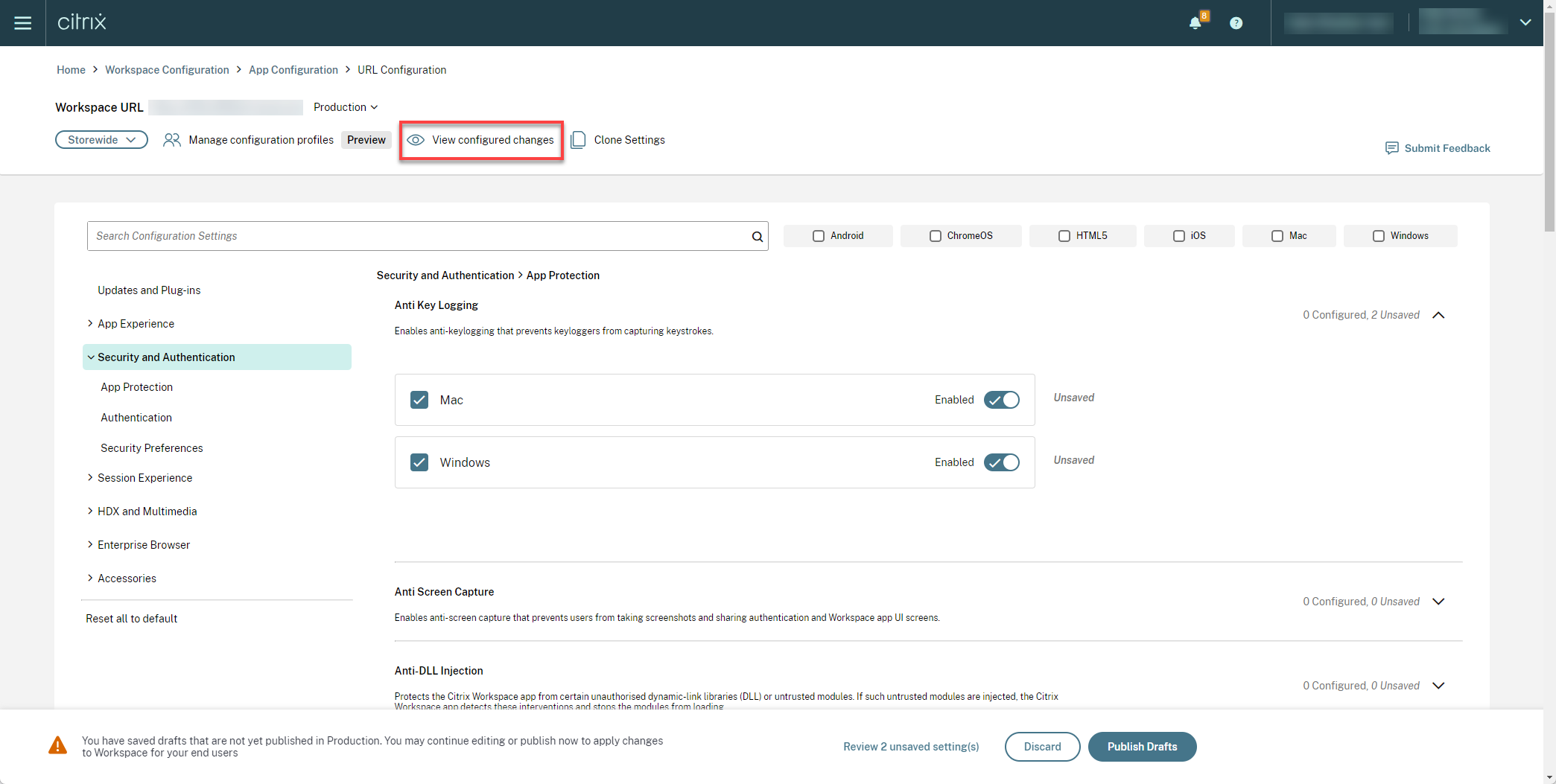 Client app management unsaved settings