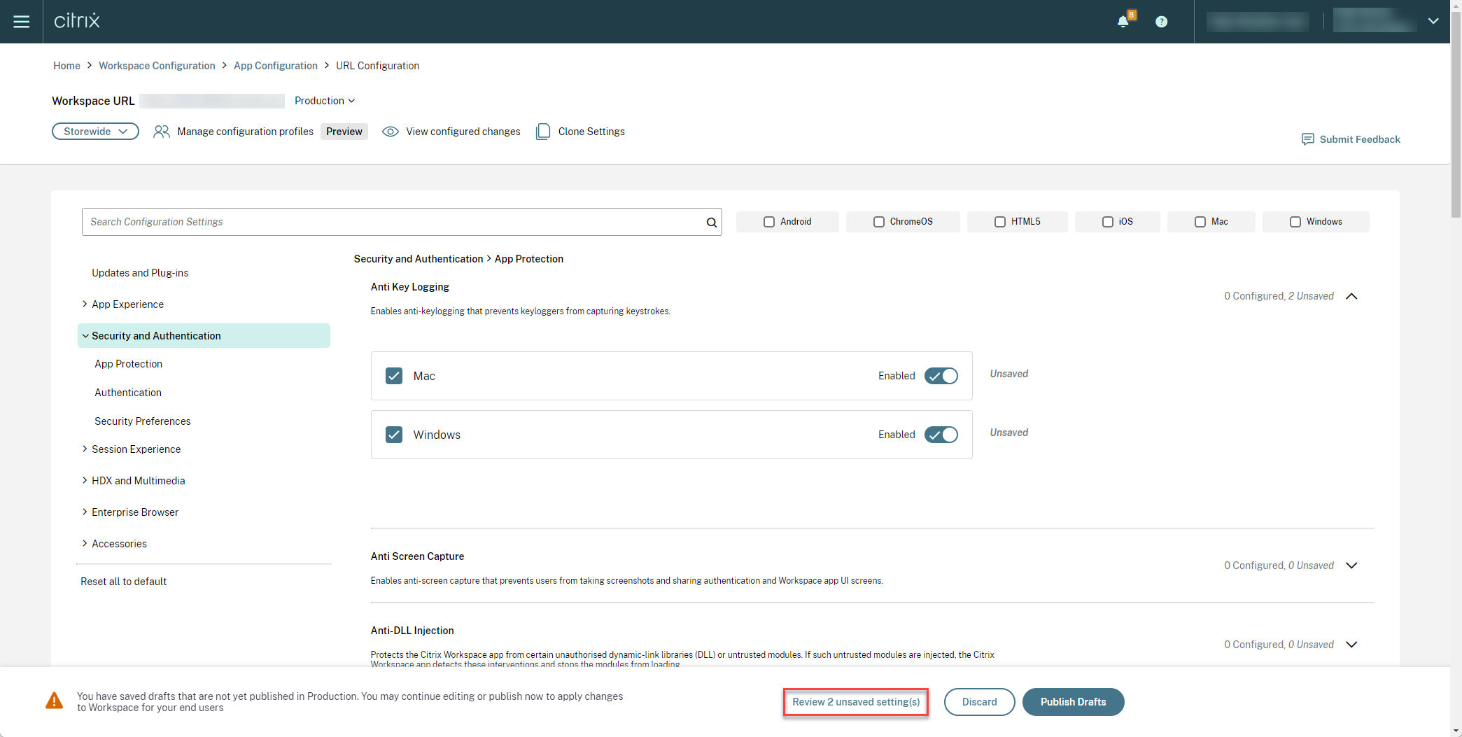 Client app management unsaved settings