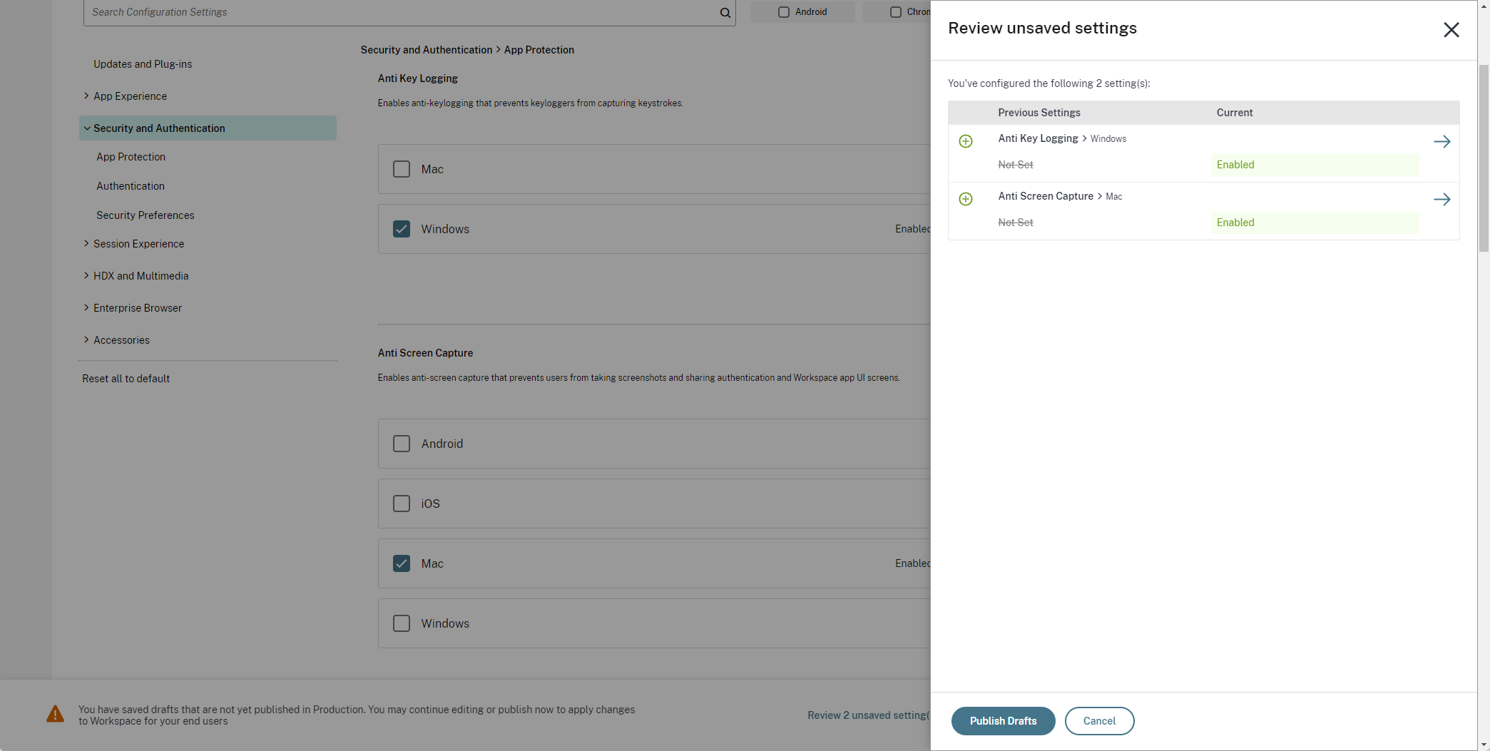 Client app management unsaved settings