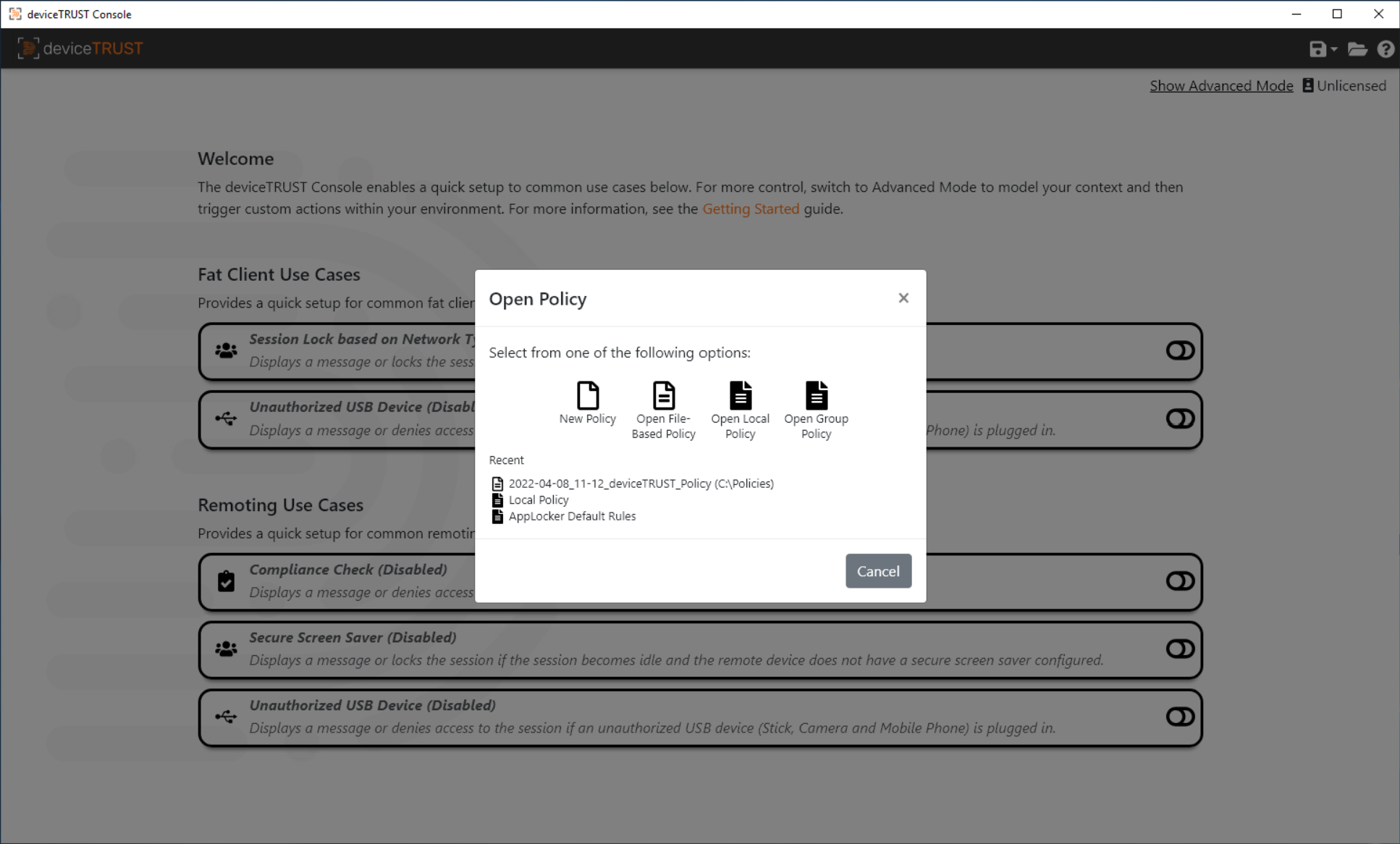 Opening a policy from a selected source