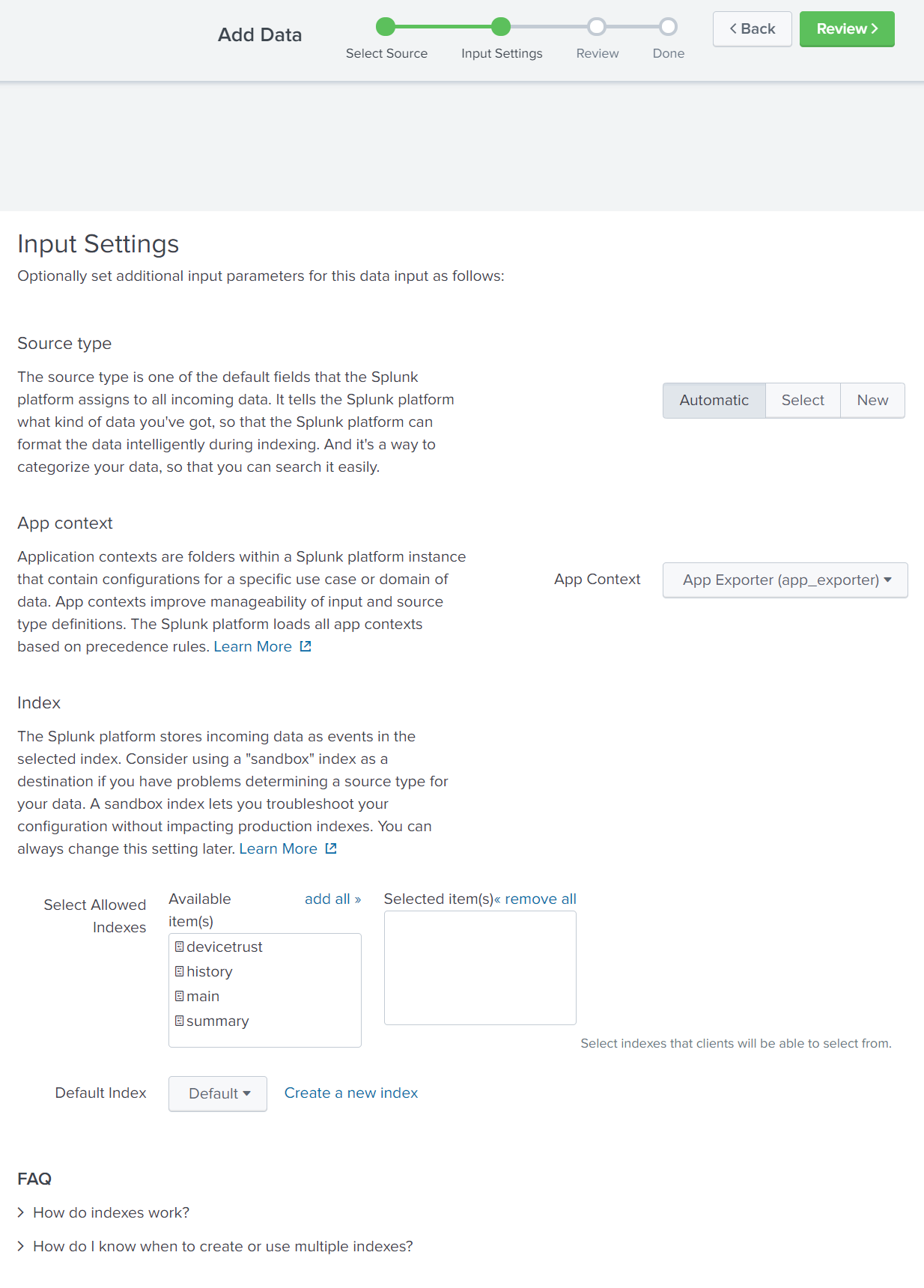Defining the optional input settings