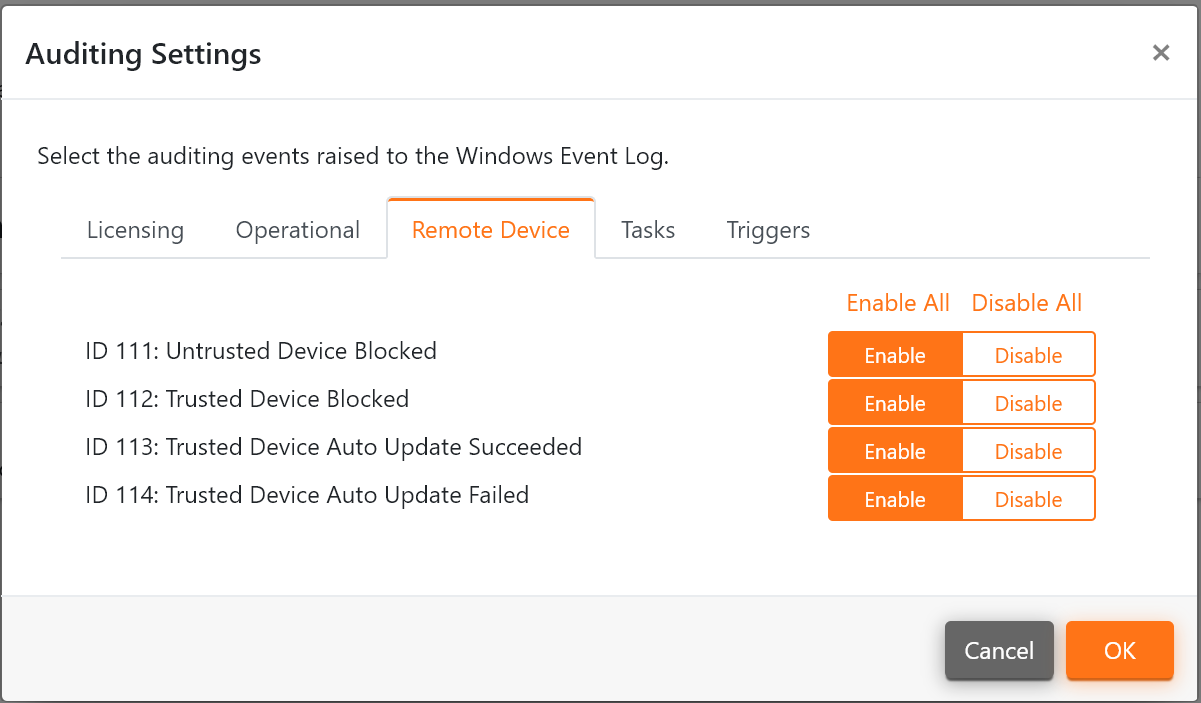 The Remote Device Auditing Settings