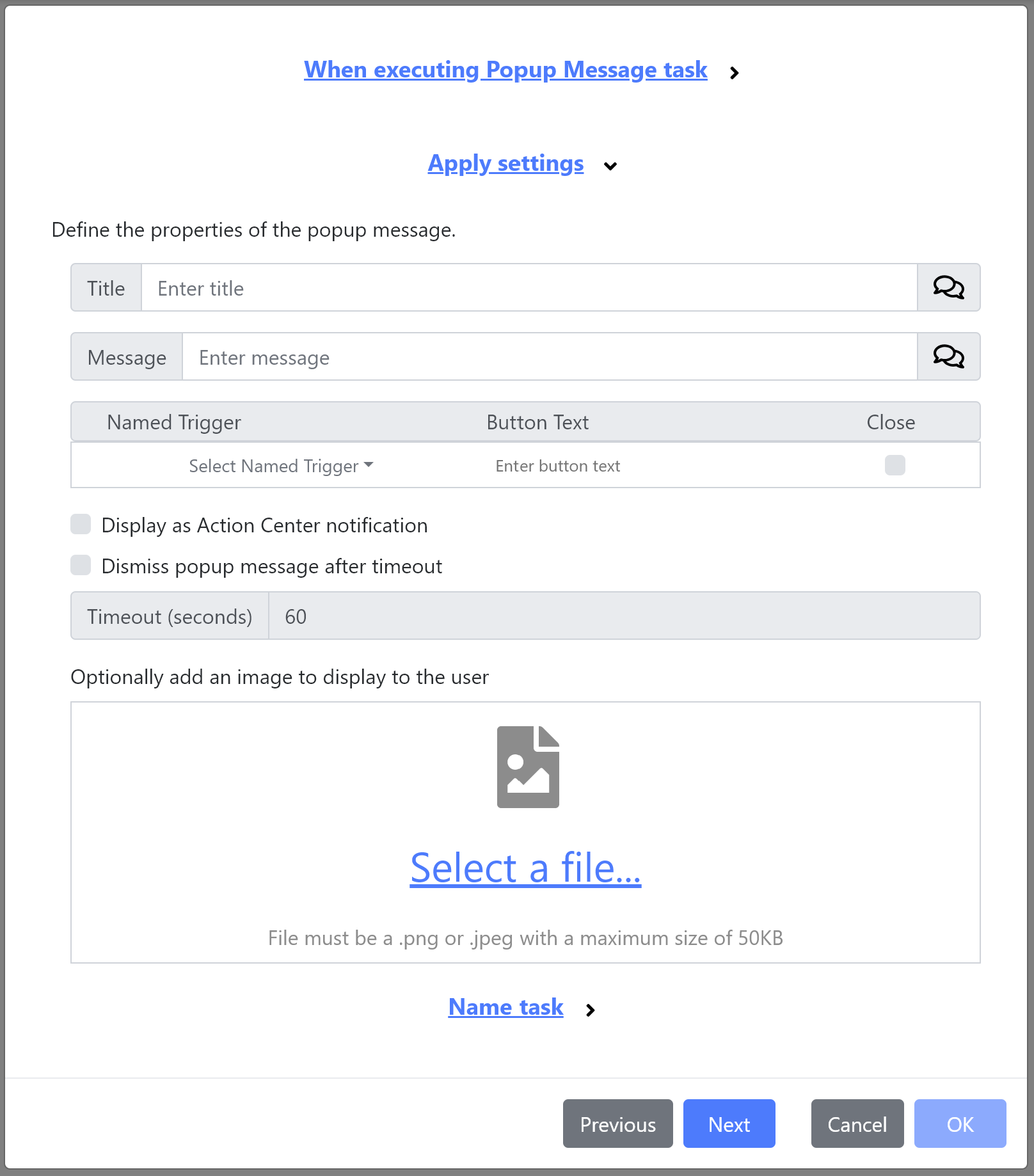 The Popup Message task
