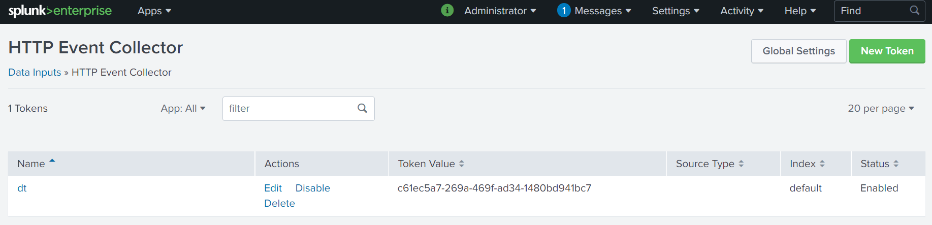 The token displayed on the token overview page