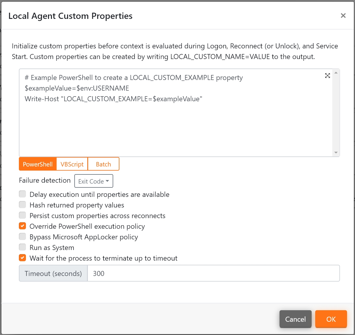 Custom Properties for the Local Agent.