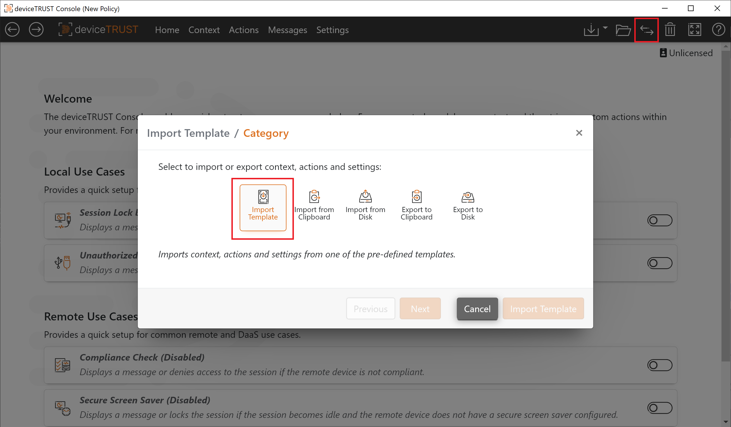 The templates button within the deviceTRUST Console