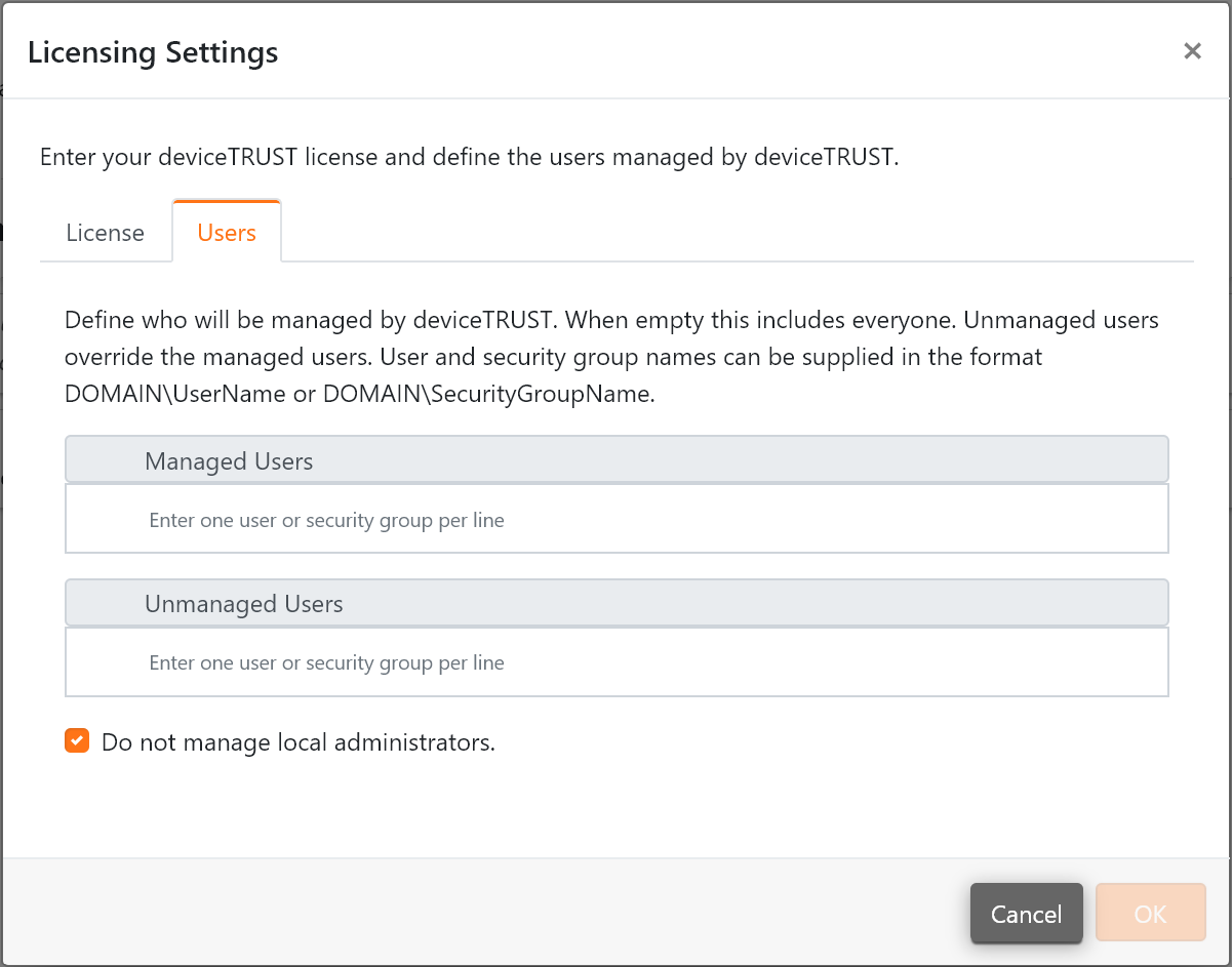 The Licensing User Settings.