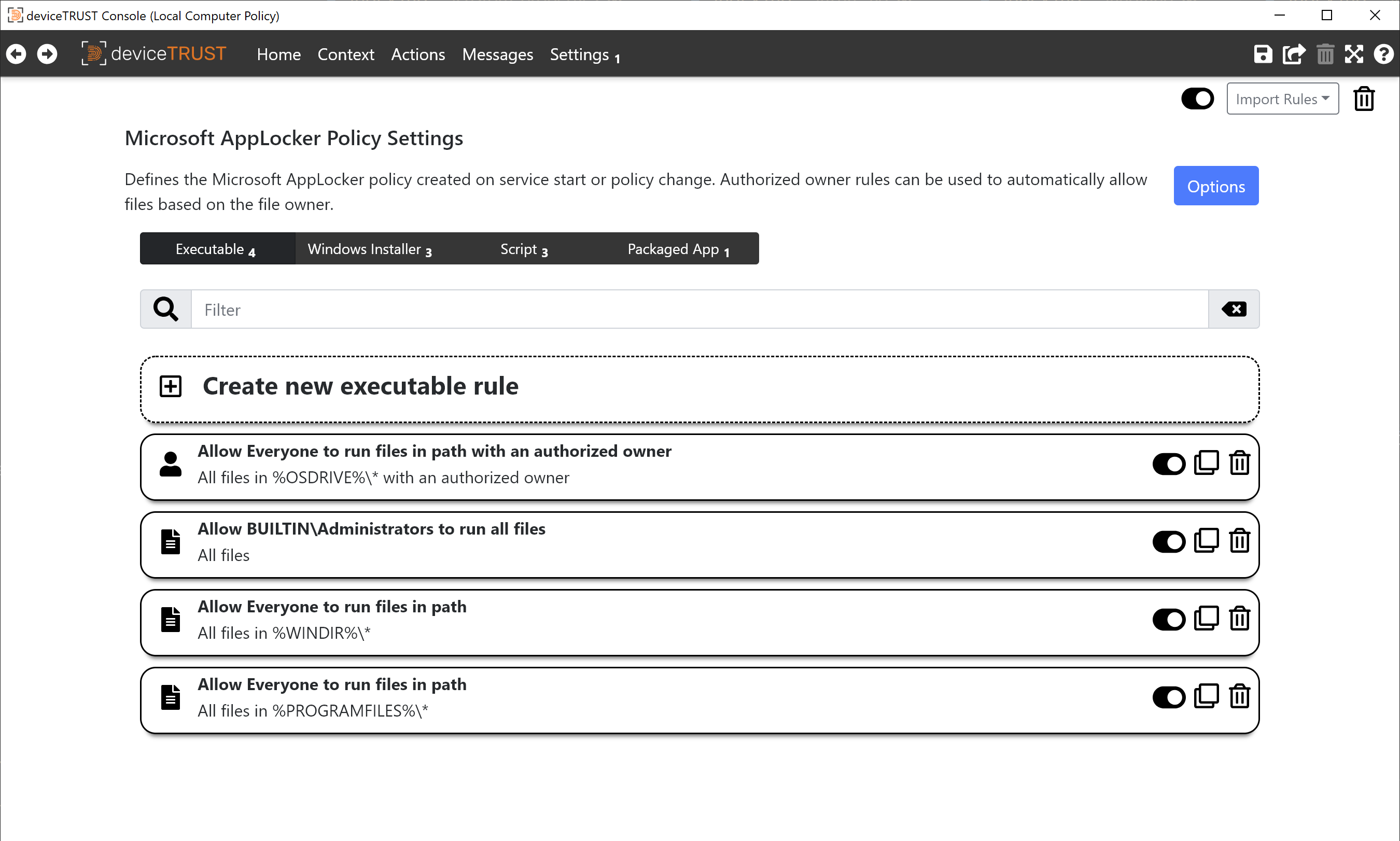 The Microsoft AppLocker Settings.