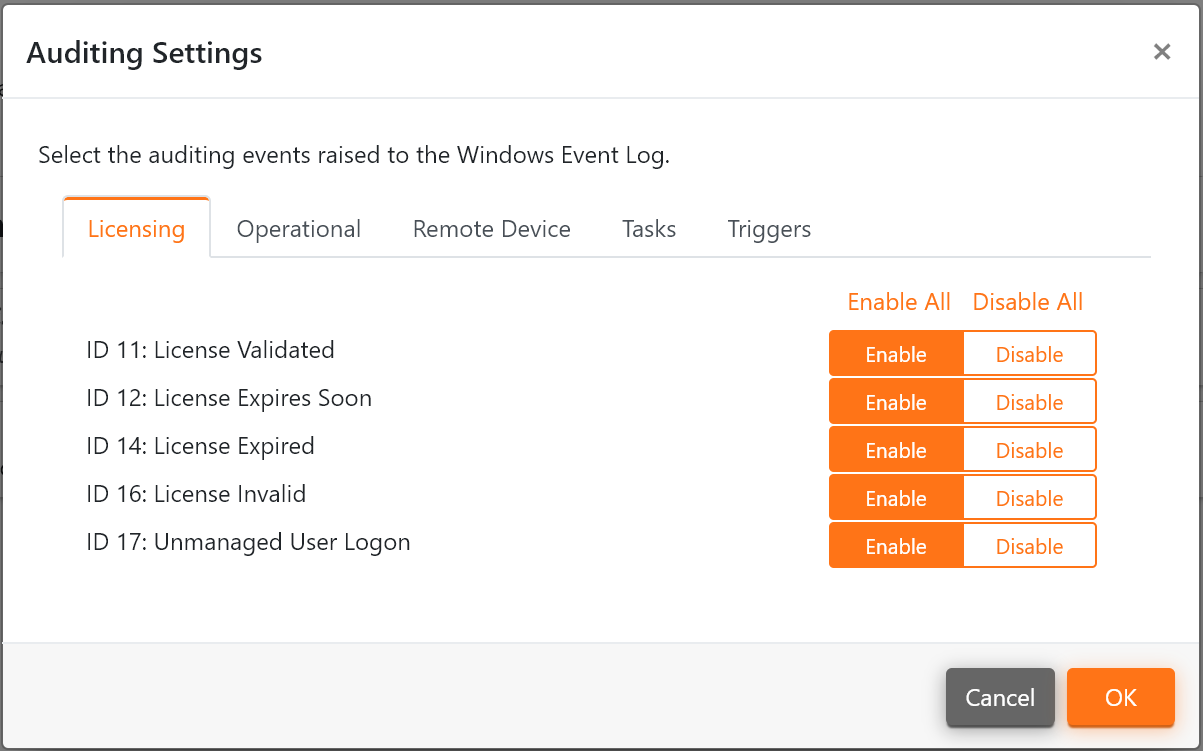 The Licensing Auditing Settings.