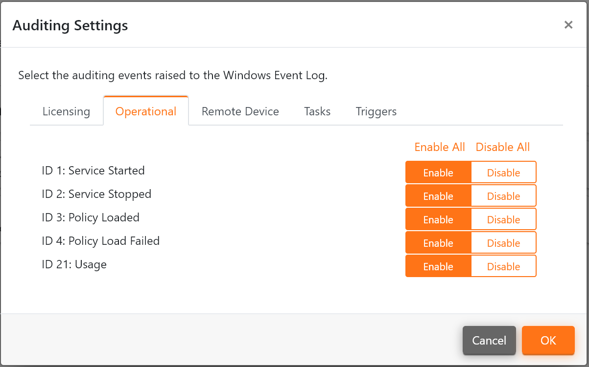 The Operational Auditing Settings.