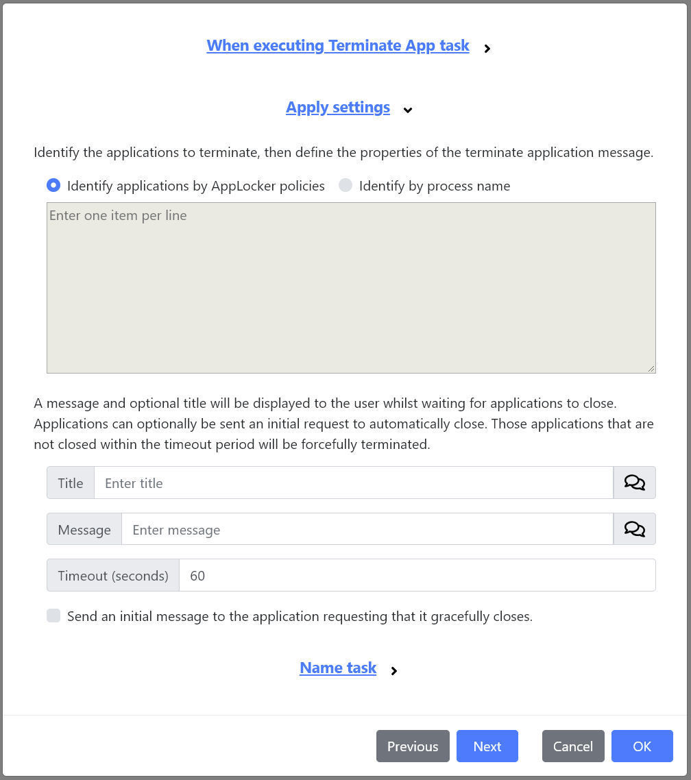 The Terminate App task.