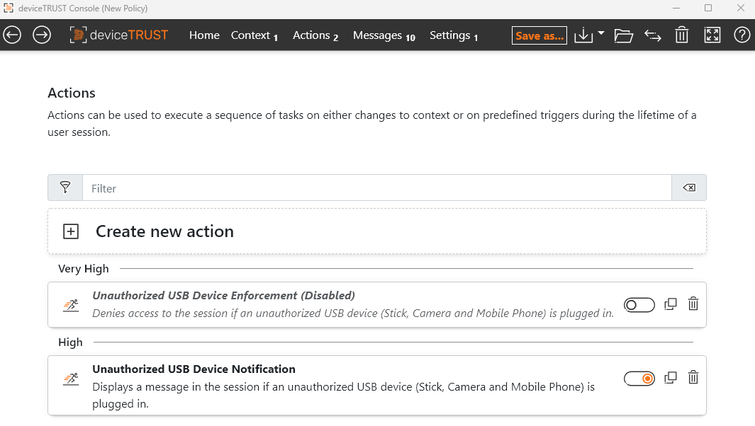 The Unauthorized USB Device use cases Actions within the deviceTRUST Console