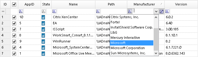 Filter applications - select the value from the drop-down list