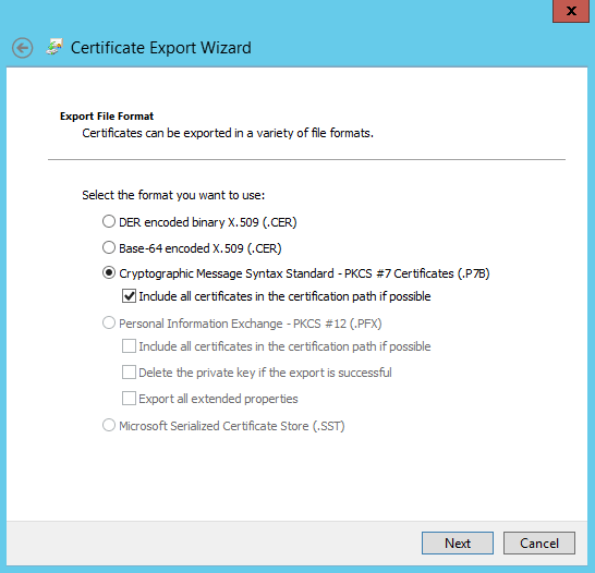 Private keys certificate export wizard