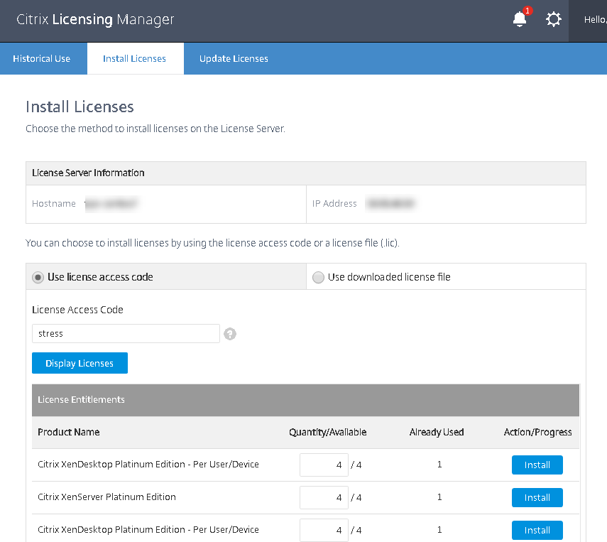 Install licenses in VPX Citrix Licensing Manager with access code