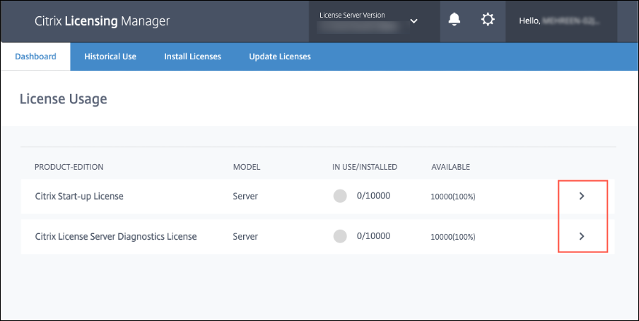 Dashboard mit Lizenzdetails