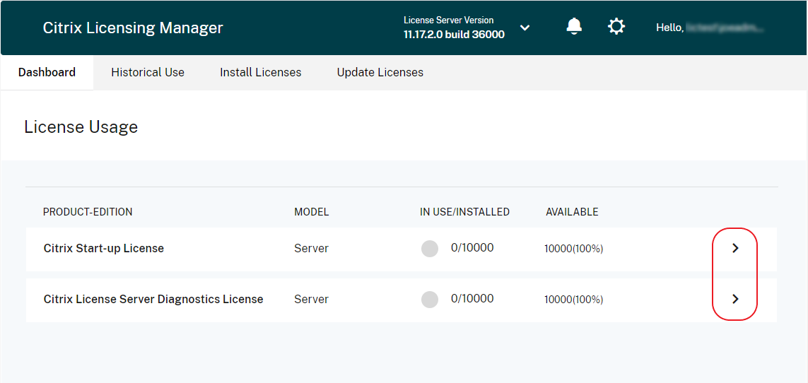 Dashboard mit Lizenzdetails