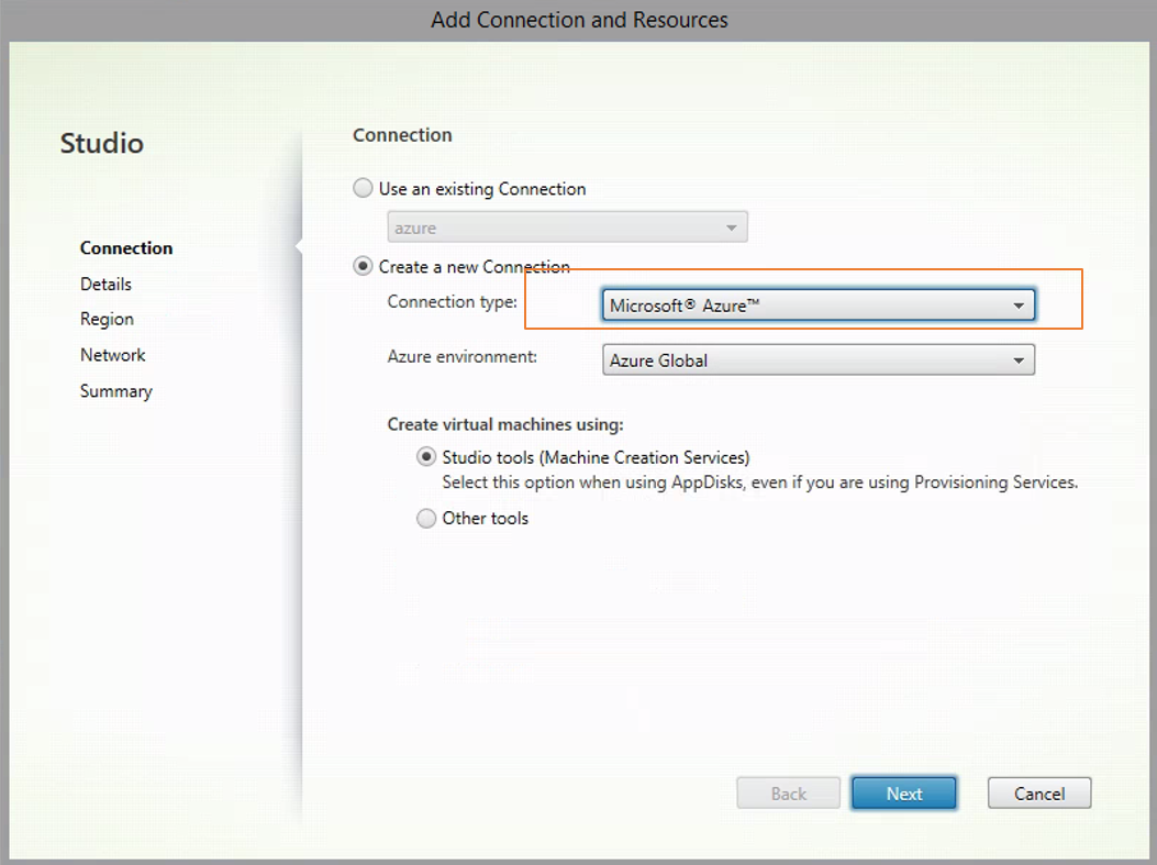 Choosing Azure connection type