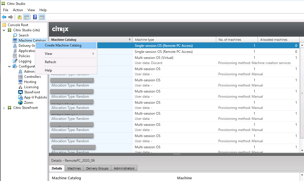 Image of selecting Create Machine Catalog