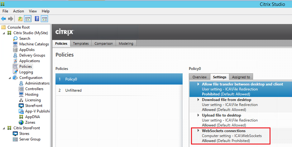 Image of setting the WebSockets connections policy