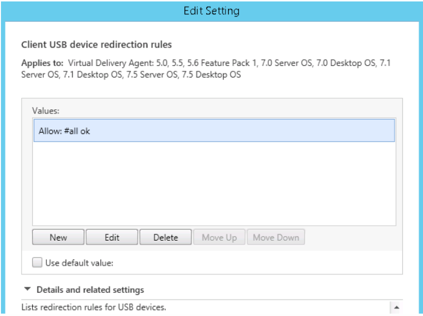 Image of the client USB redirection rule setting