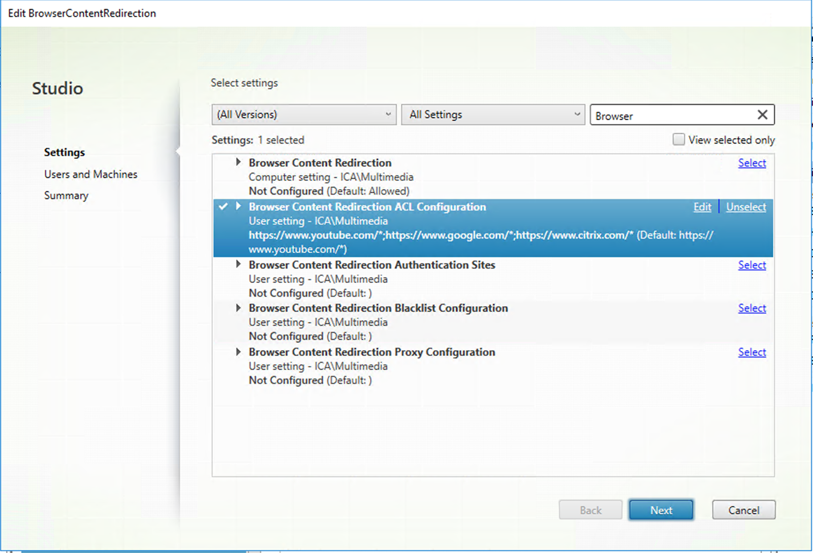 Image of Browser Content Redirection ACL Configuration being selected