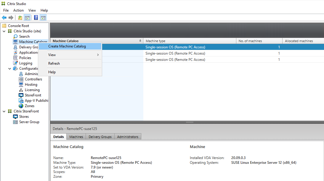 Image of selecting Create Machine Catalog