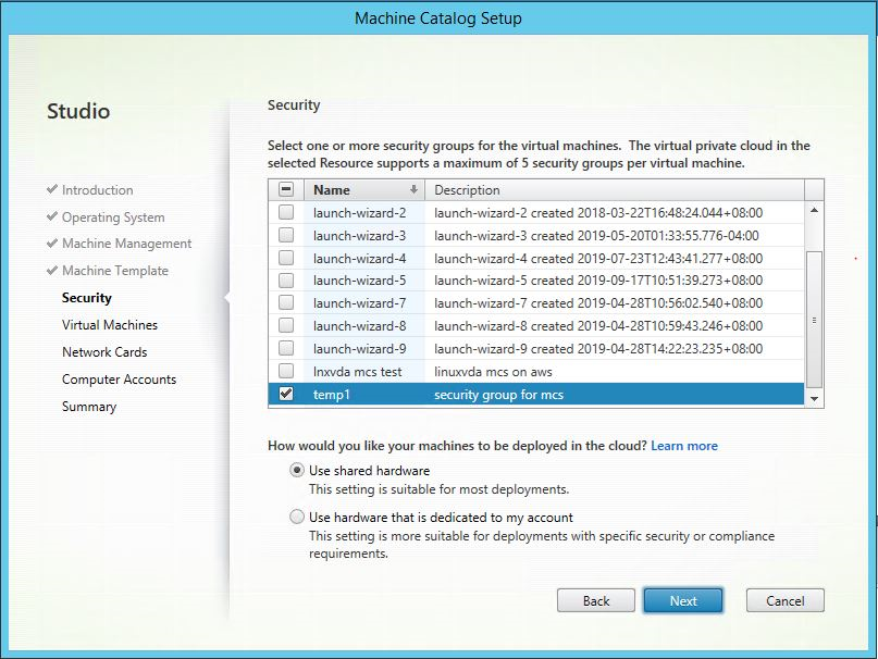 Image of selecting security groups