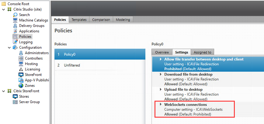 Image of setting the WebSockets connections policy