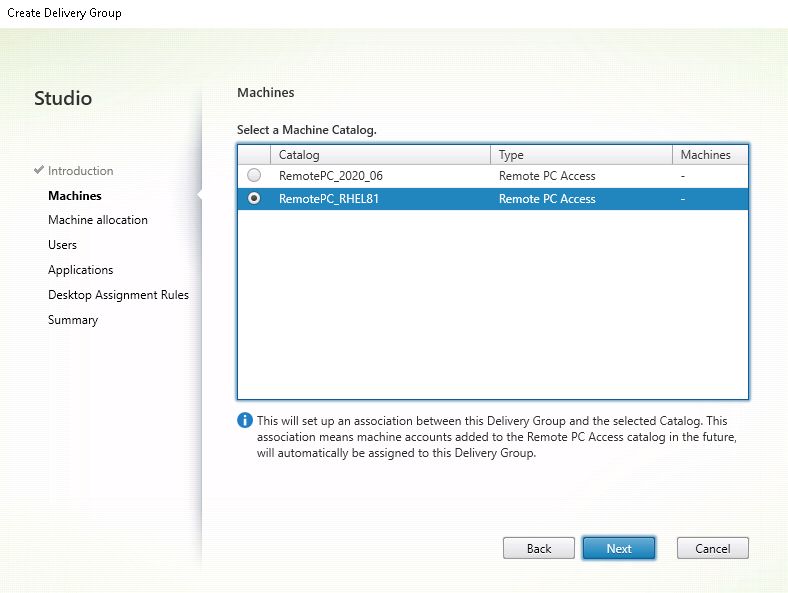 Image of associating the machine catalog with the Delivery Group