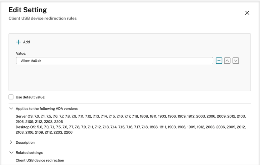 Paramètre de règle de redirection de périphérique USB client