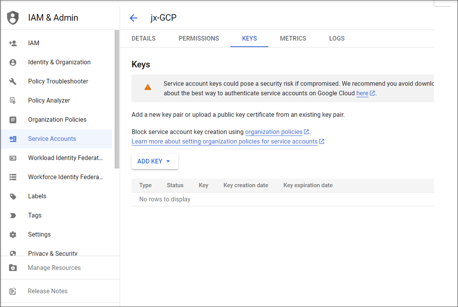 Ajouter une clé de compte de service GCP