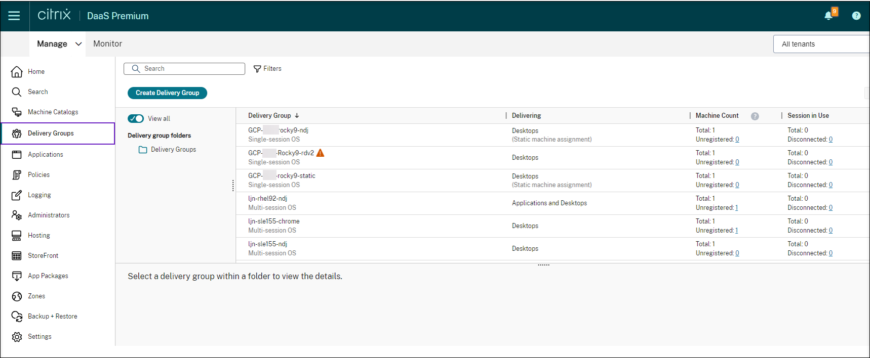 Lista de grupos de entrega en la interfaz de administración de Configuración completa