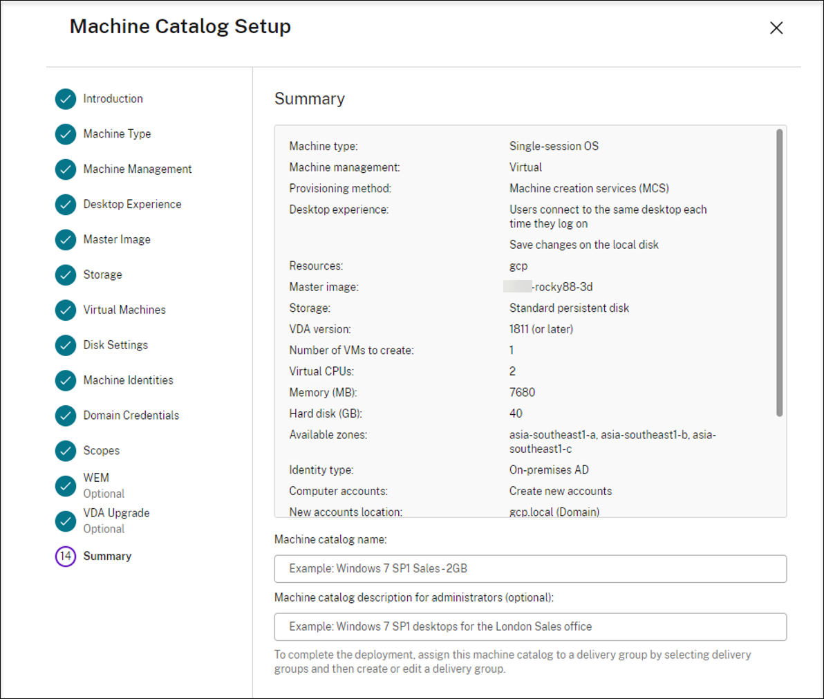 Résumé de la configuration d'un catalogue de machines