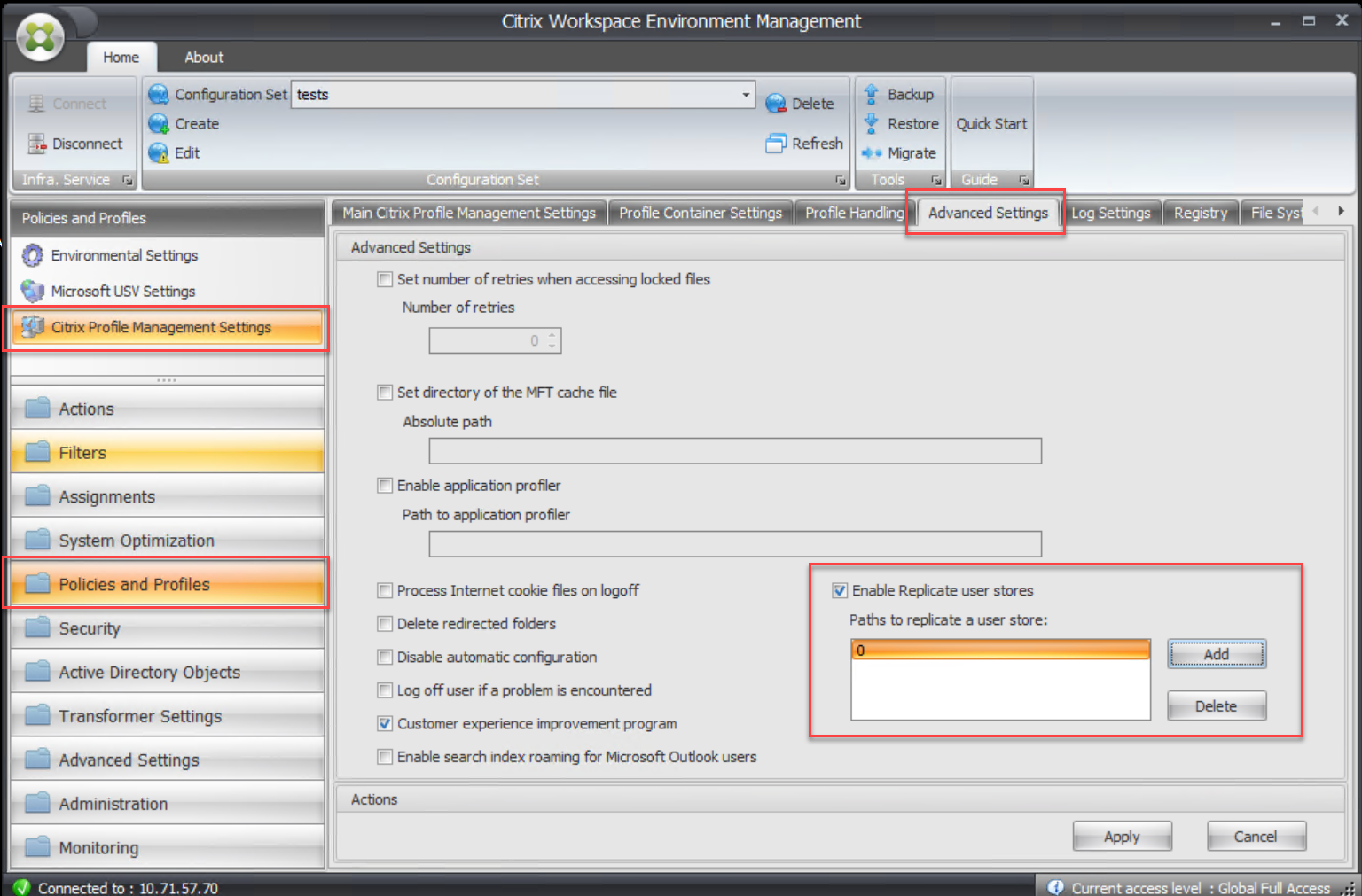 Locating the Replicate user stores policy in WEM