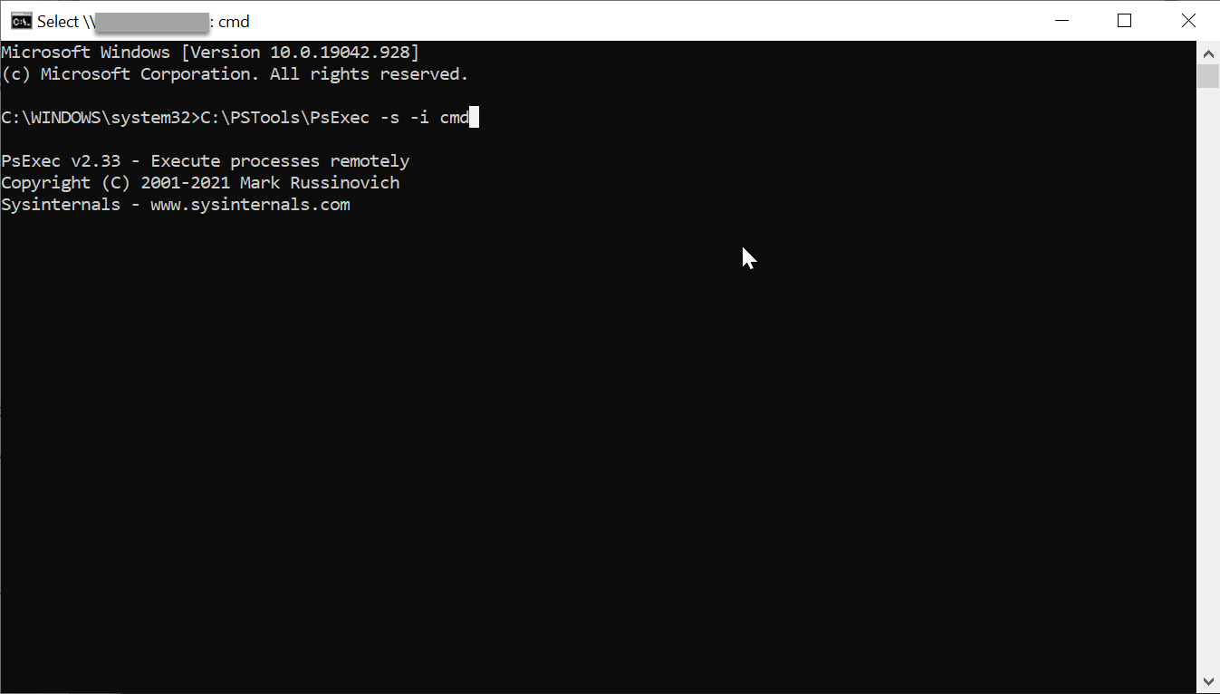 Neue Befehlsshell nach dem Ausführen des Befehls C:\PSTools\PsExec -s -i cmd