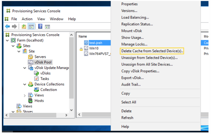 Image of the Delete Cache option