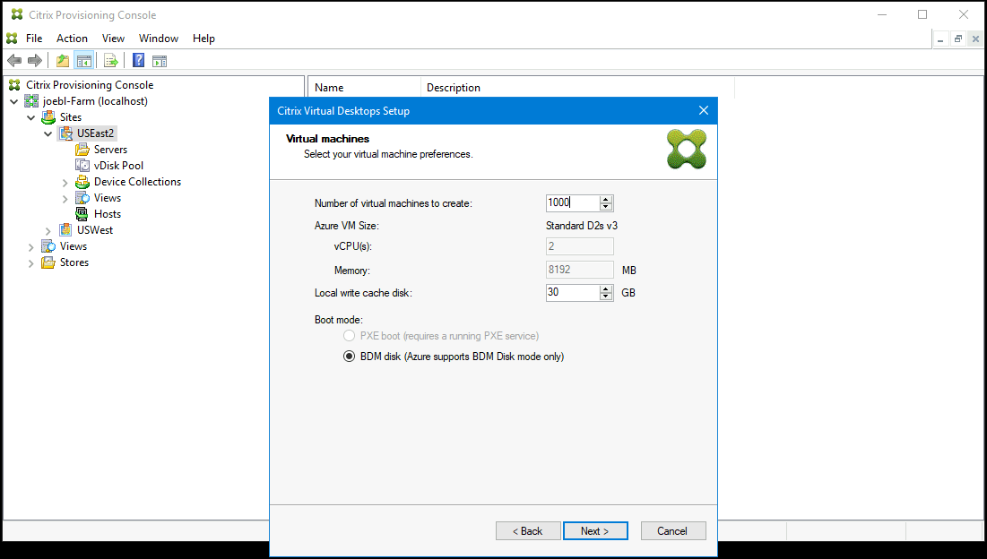 Assistant d’installation : Nombre de machines virtuelles, cache local et taille de machine