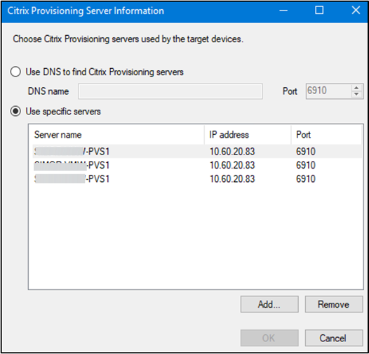 “Citrix Provisioning 服务器信息”对话框